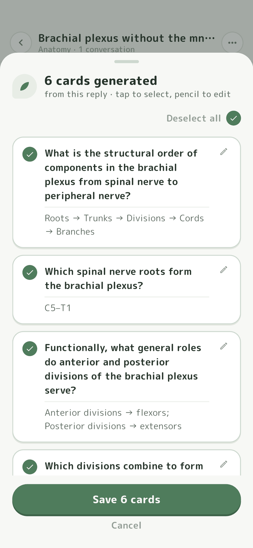 Six flashcards generated from an explanation of the brachial plexus, each selectable and editable before saving.