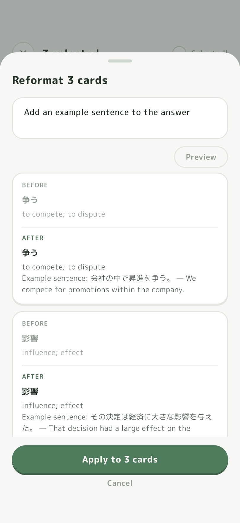 Reformatting three cards at once, with before and after previews showing example sentences added to each answer.