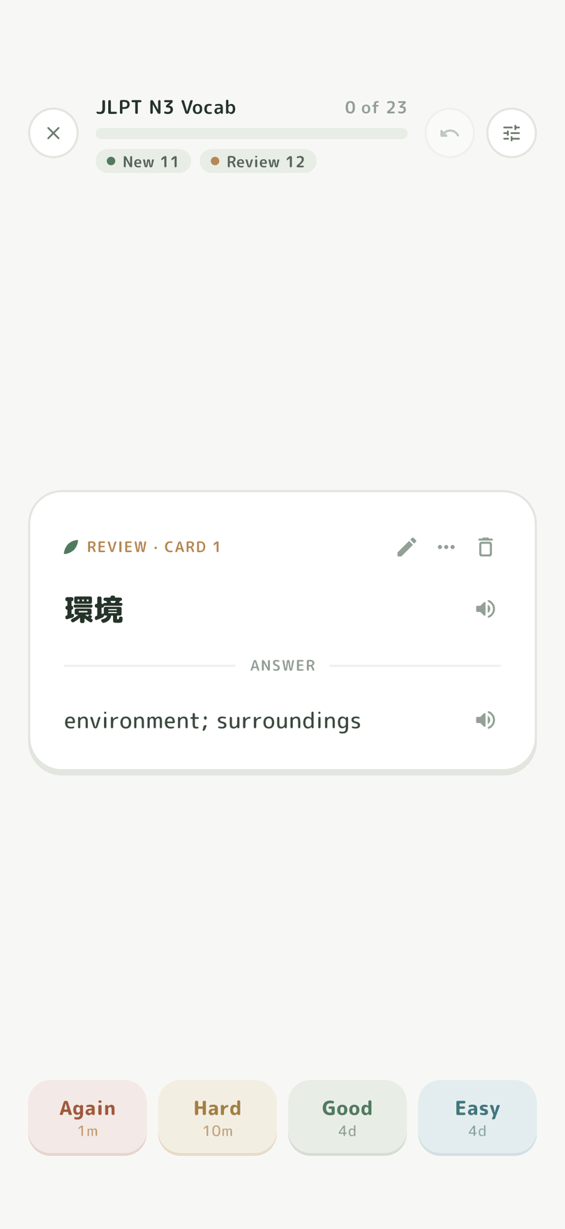 A review session for a JLPT N3 vocabulary deck showing the card 環境 with its answer and the Forgot, Hard, Good and Easy buttons.